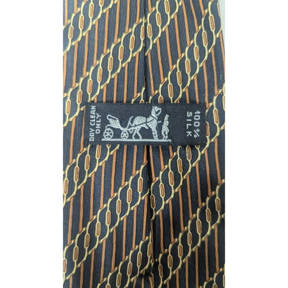 Mens Hermes designer silk tie gold burgandy brown colorway graphic design - Picture 5 of 10